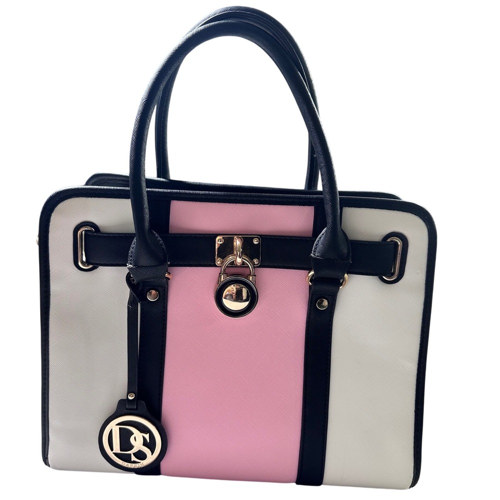 Dasein Women Pink White Black Saffiano Vegan Leather Satchel Padlock Handbag